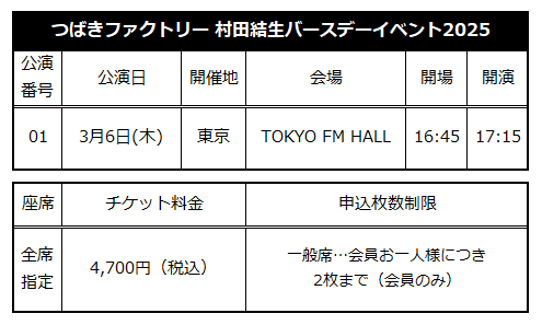 ☆ファンクラブ会員限定イベント☆「つばきファクトリー 村田結